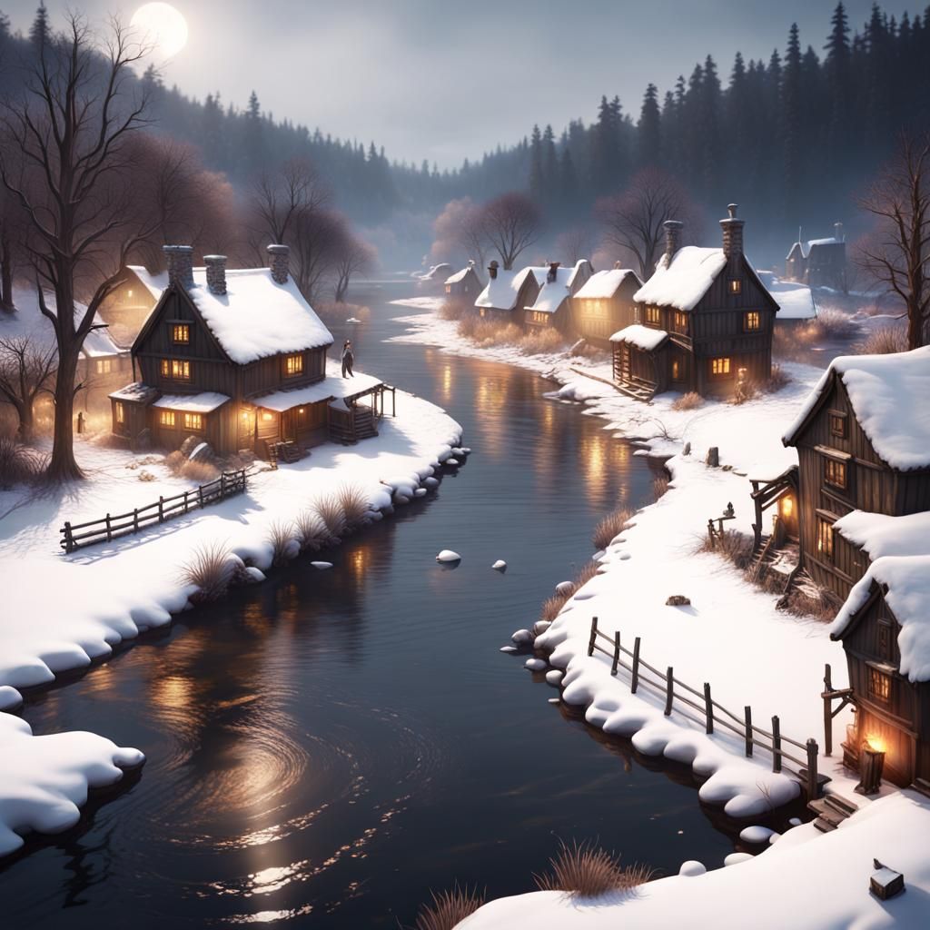 Winter Puritan Village with Witches in Hyperrealism