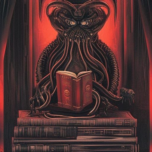 Cthulhu Cat in Post-Apocalyptic Library: Giger Illustration