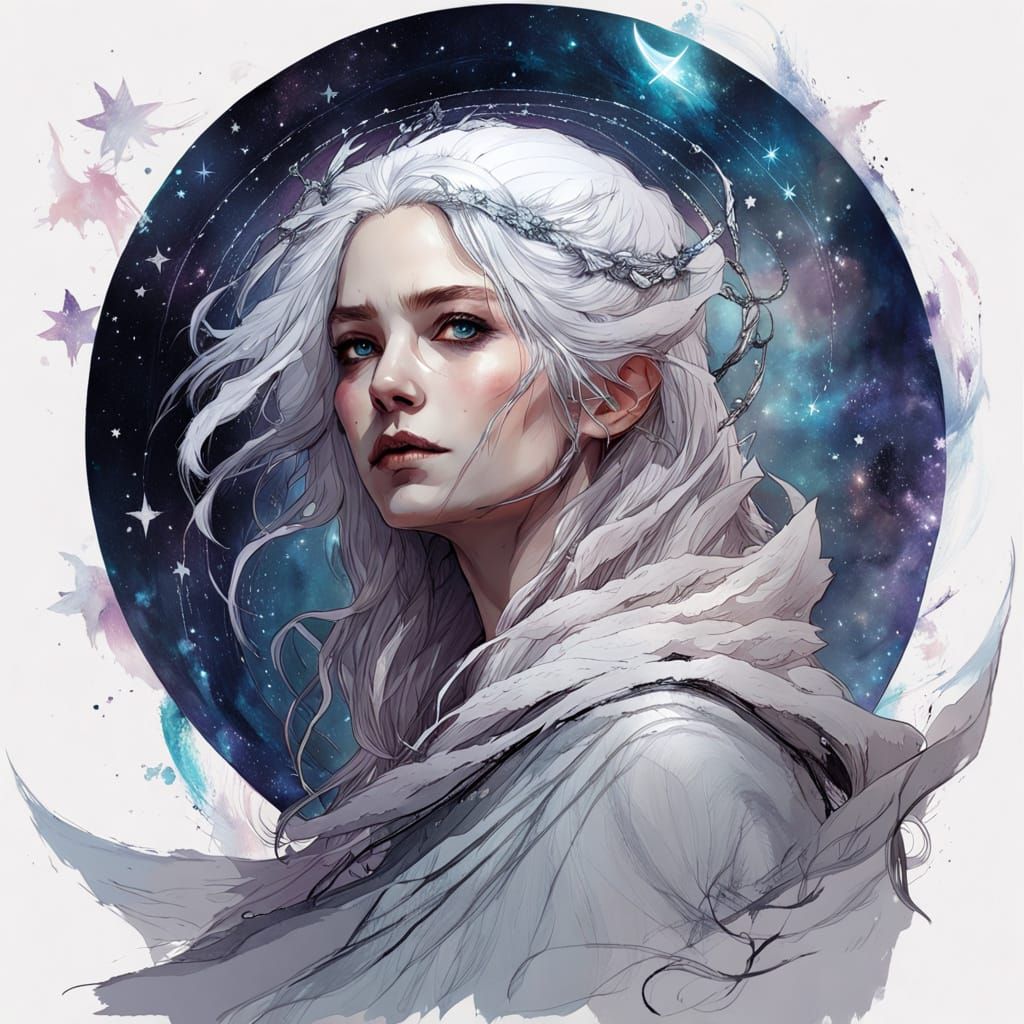 Selene, Moon Goddess, in Inkpunk Style