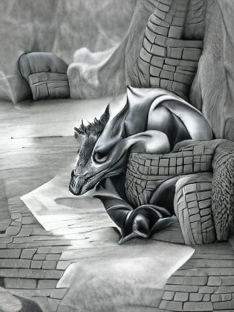 Detailed Grayscale Drawing of a Sitting Dragon