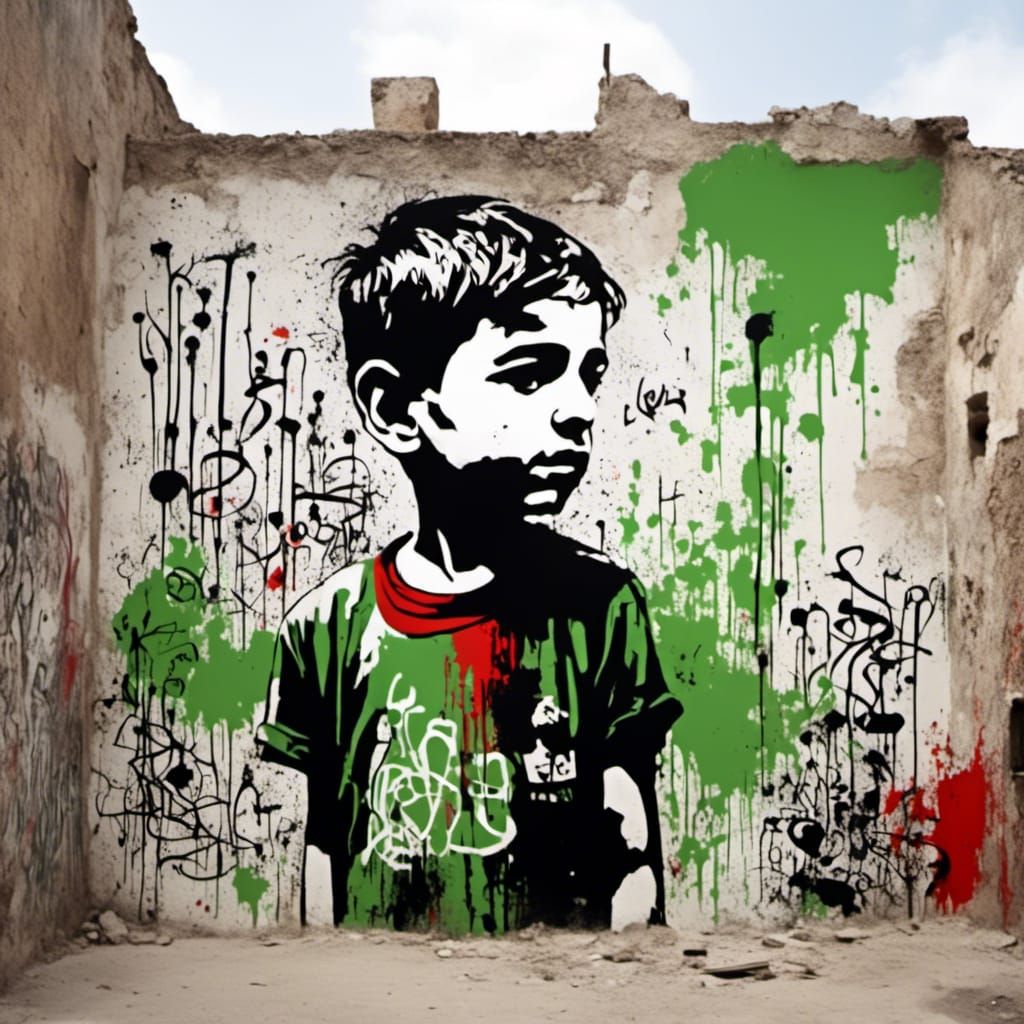 Palestinian Boy Defiance Symbol as Graffiti Mural
