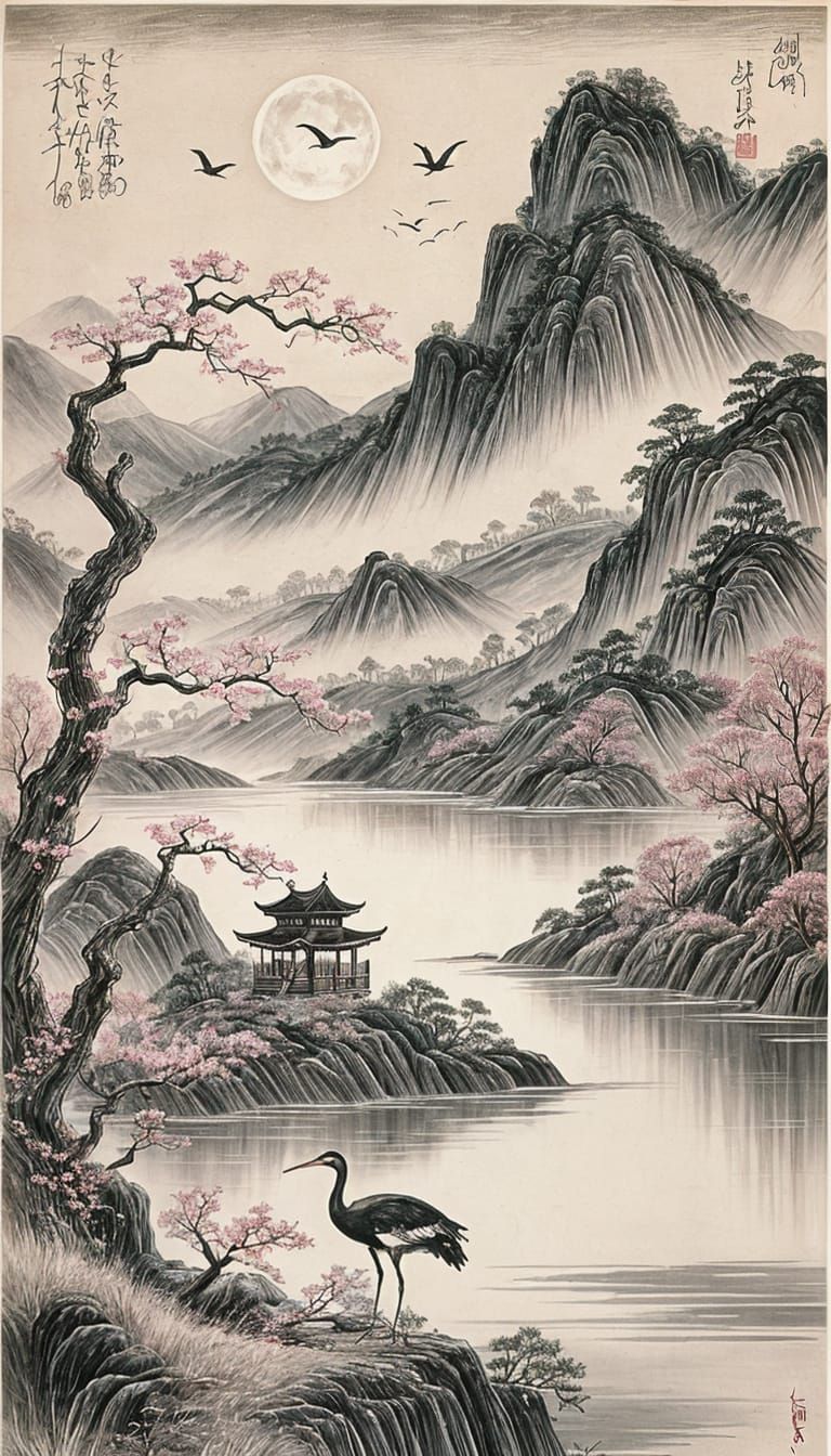 Moonlit Landscape with Crane in Ink Wash Painting
