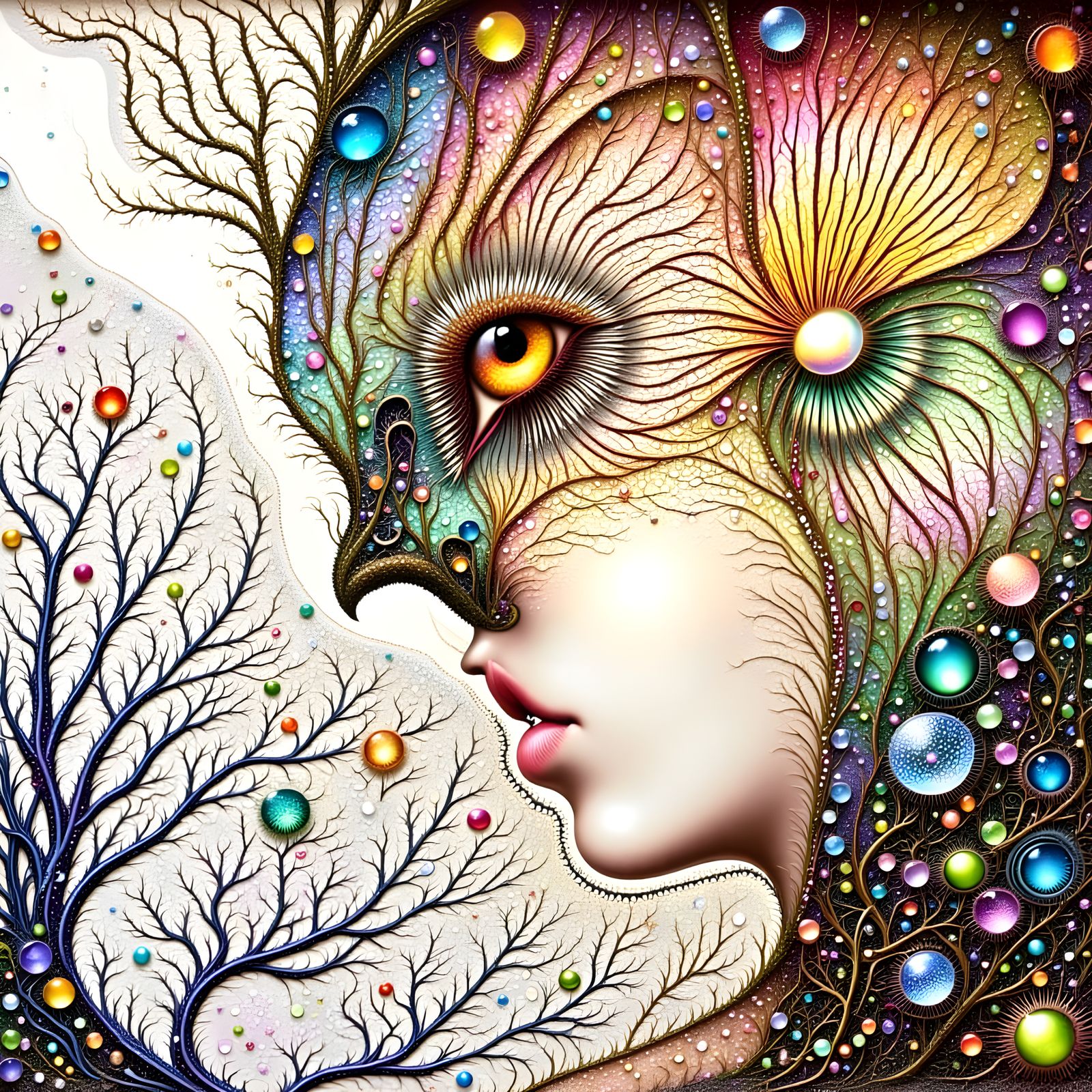 Surreal Owl-Human Hybrids Morphing in Misty Art Gallery