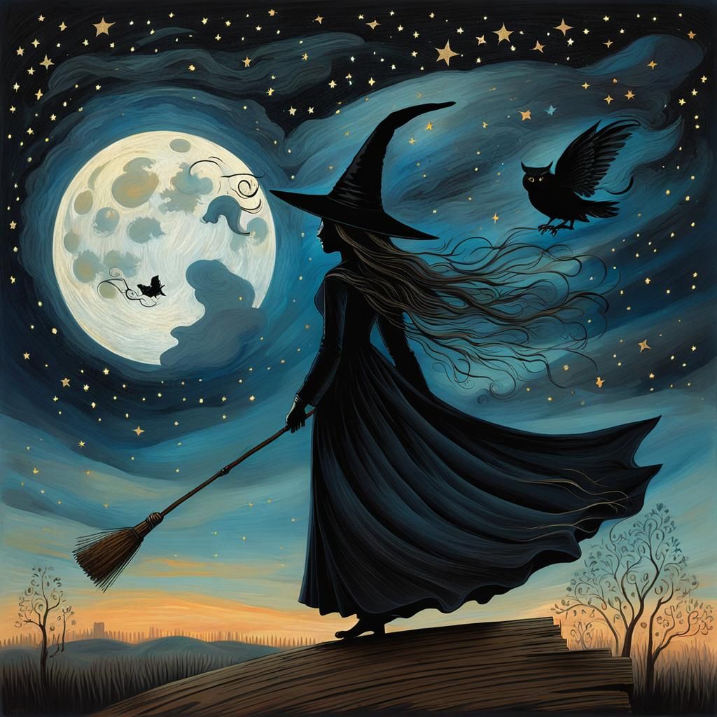 Witch Flying on Broomstick Over Starry Night Sky