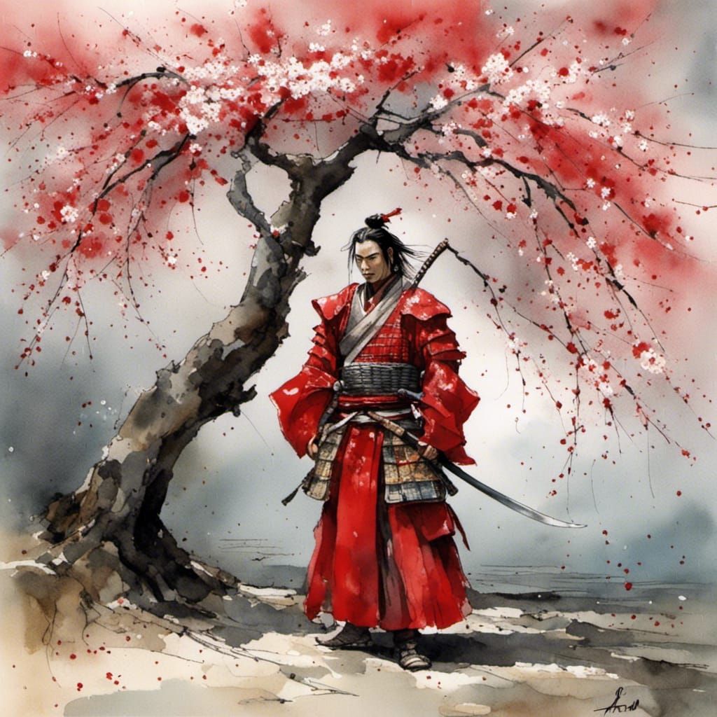 Samurai in Red Armor Under Blossoms