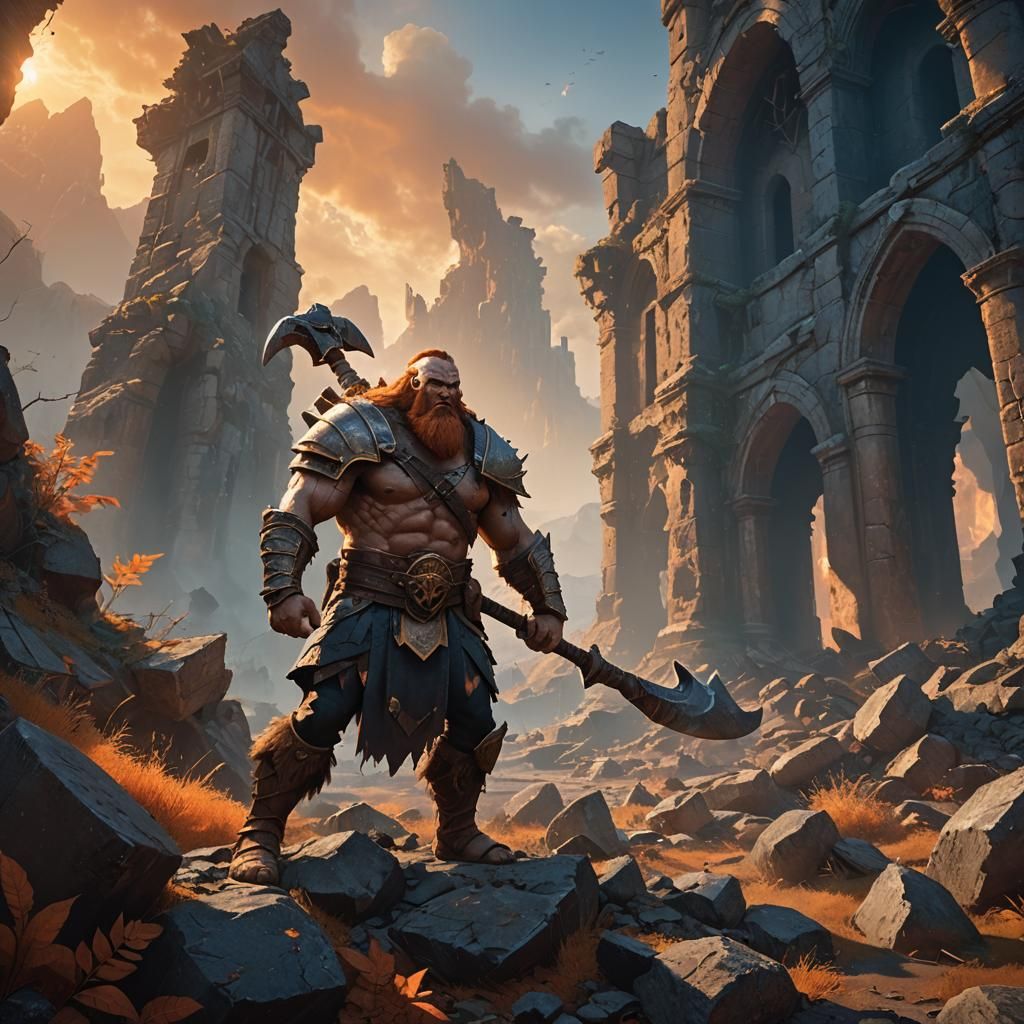 Half-Giant Barbarian in Mystical Ruins: Fantasy Art