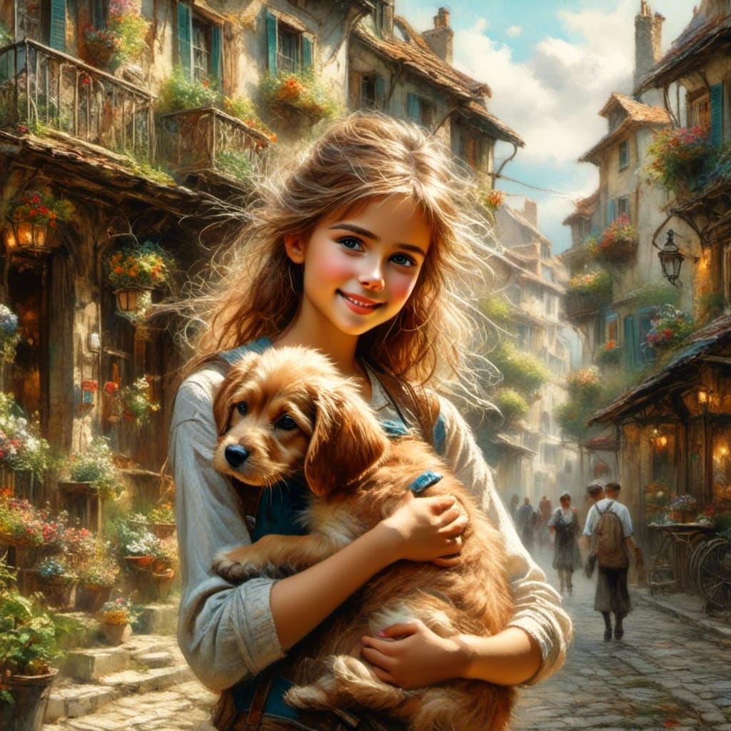 Watercolor of Girl, Puppy, Intertwined Hearts