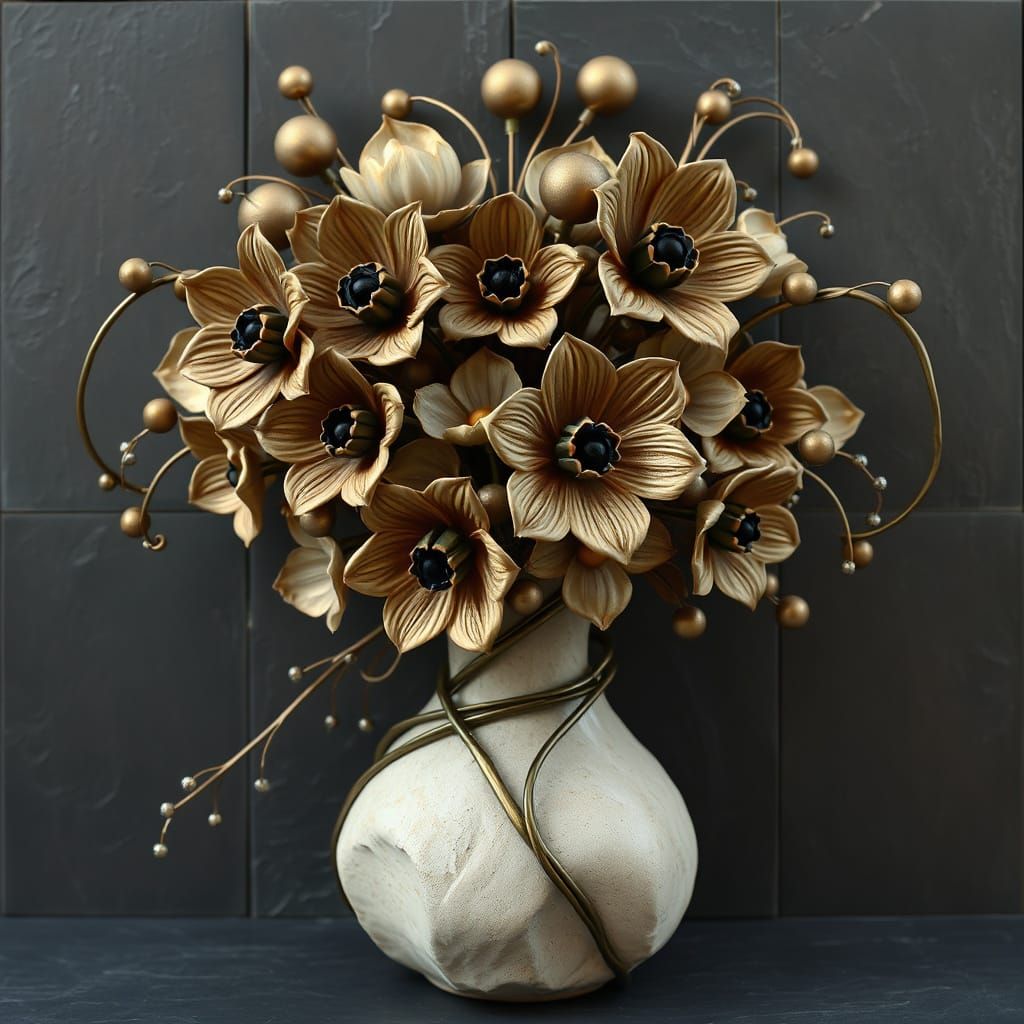 Floral Bas-Relief Sculpture with Metallic Accents