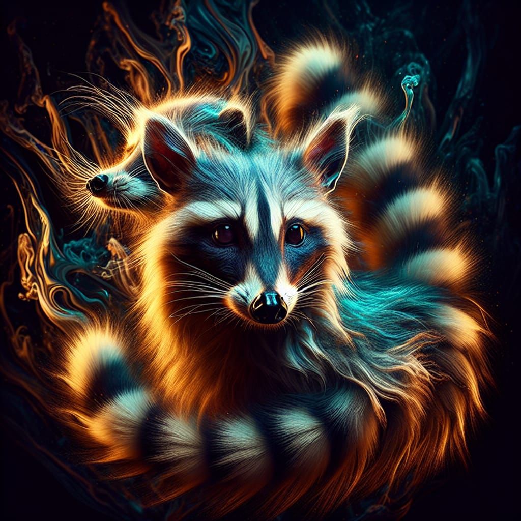 Glowing Raccoon-Deer Hybrid in Sinister Liquid Backdrop