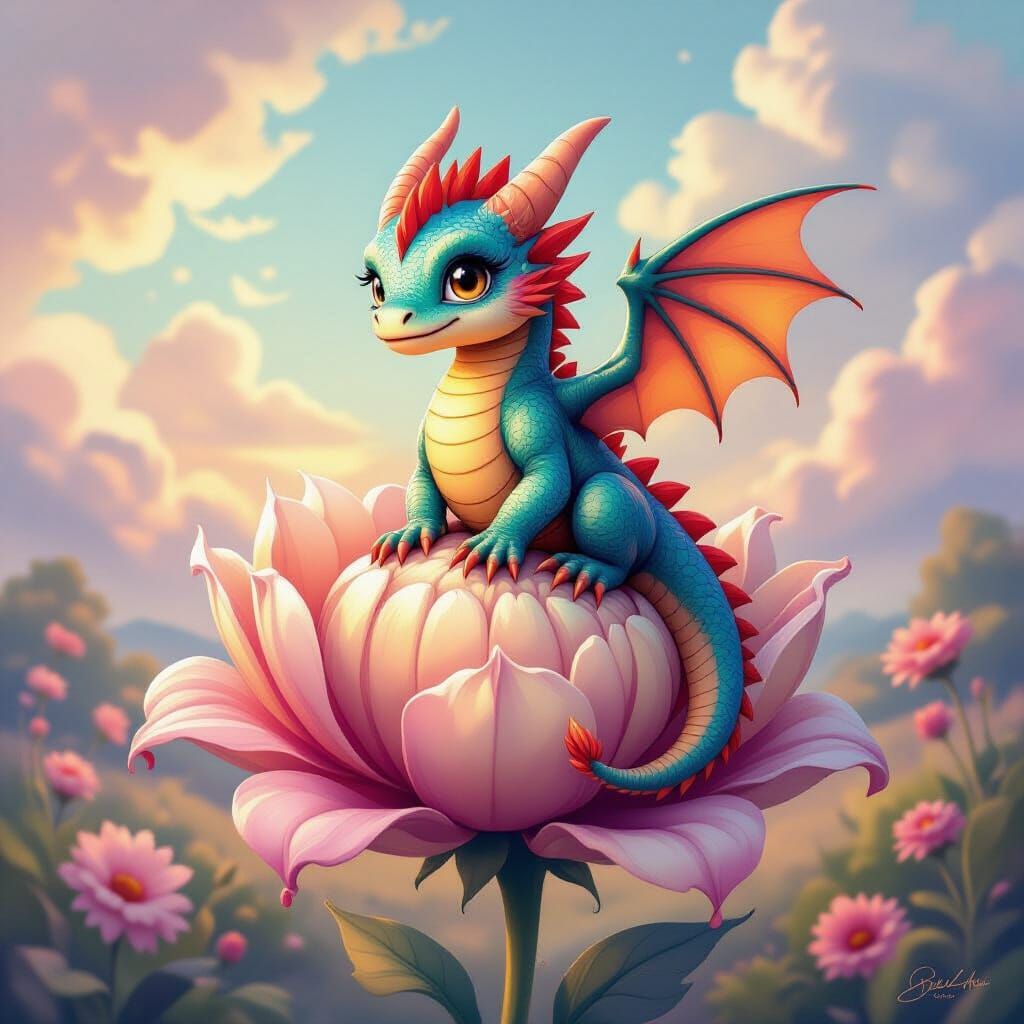 Baby Dragon on Melting Flower, Sunset Scales