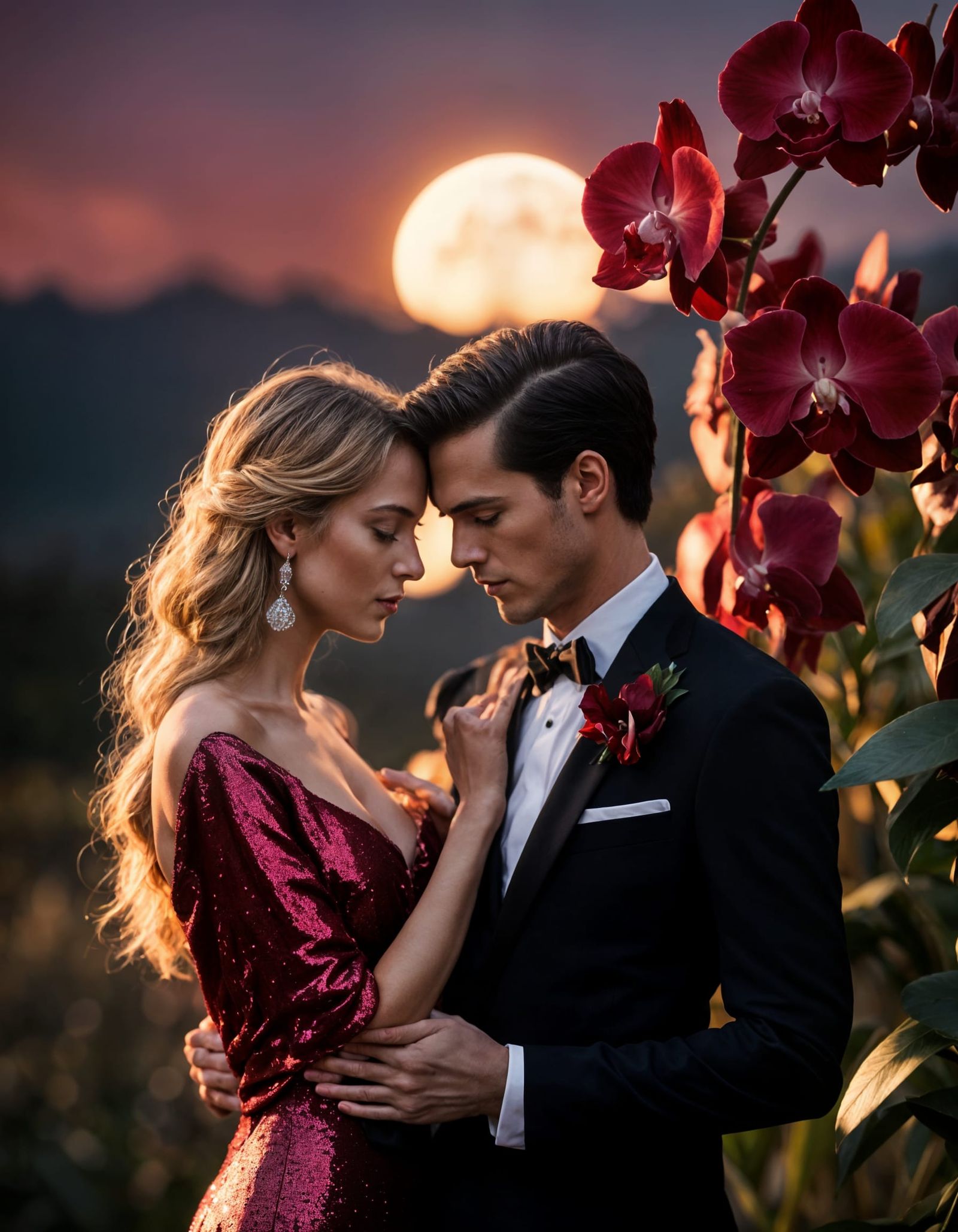 Romantic Couple Embrace Under Moonlit Sky