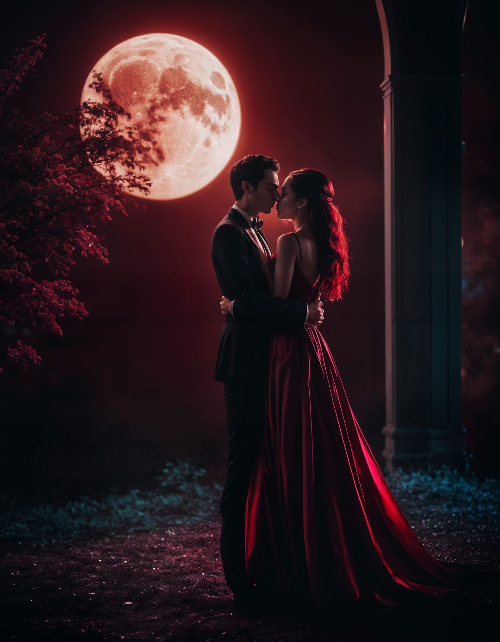 Romantic Couple Embracing Under the Moon