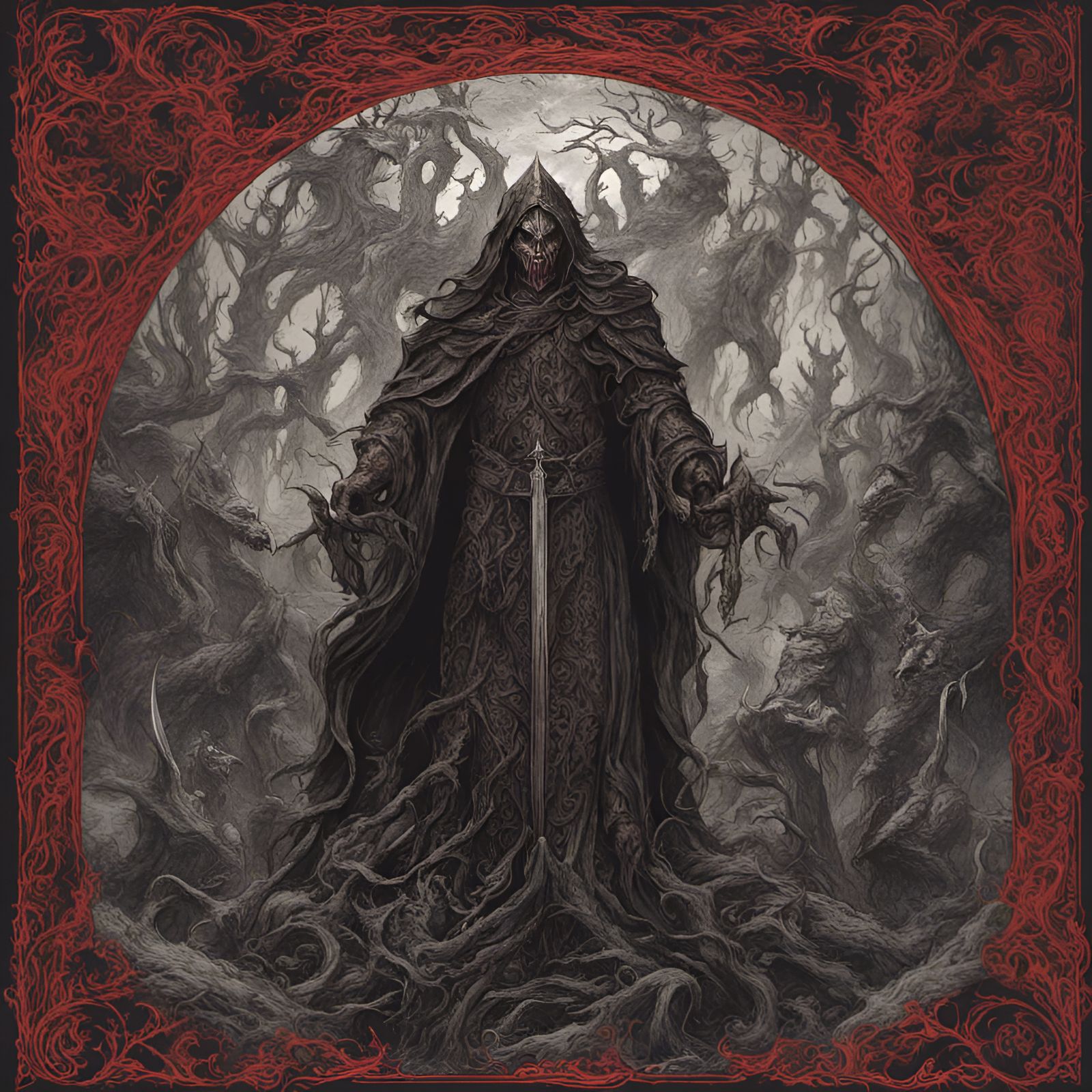 Creepy Celtic Demon Book Cover in Black Metal Style