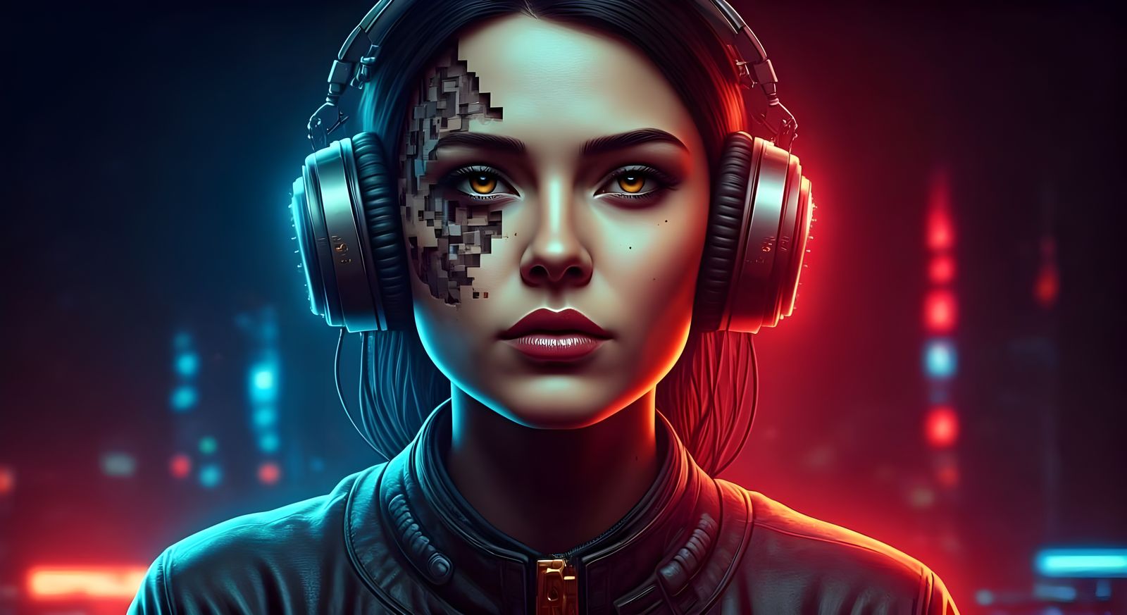 Cyborg Woman with Pixelated Face in Digital Art Style