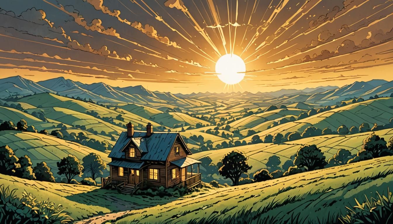 Sun Rays Over Rolling Hills in Comic Book Style