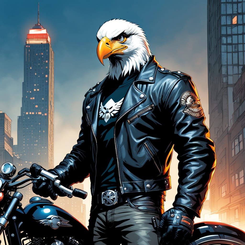 Eagle Biker in Urban Landscape, Comic Book Style