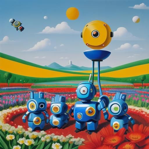 Cute Robots in Flower Garden: Yaacov Agam Style