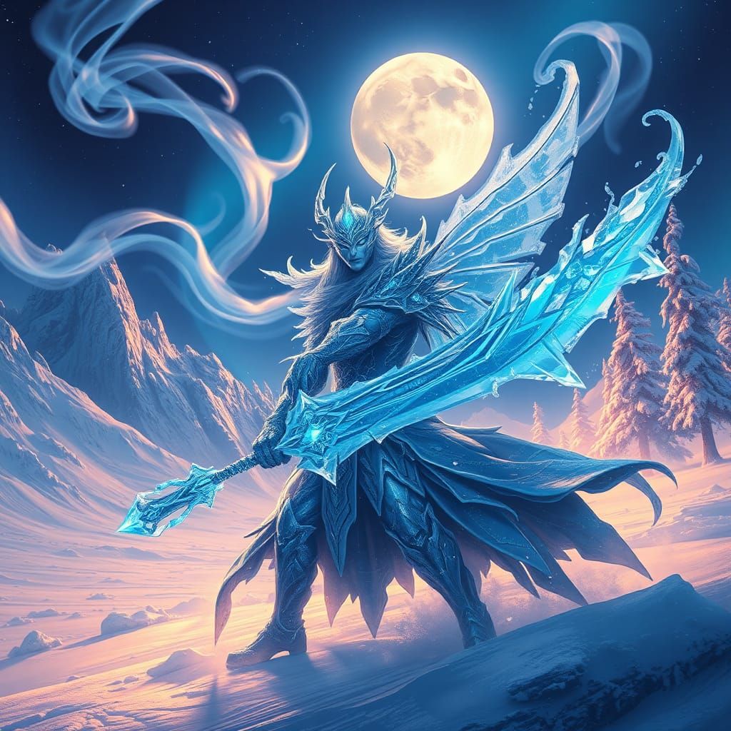 Icy Spirit with Blade in Frozen Landscape