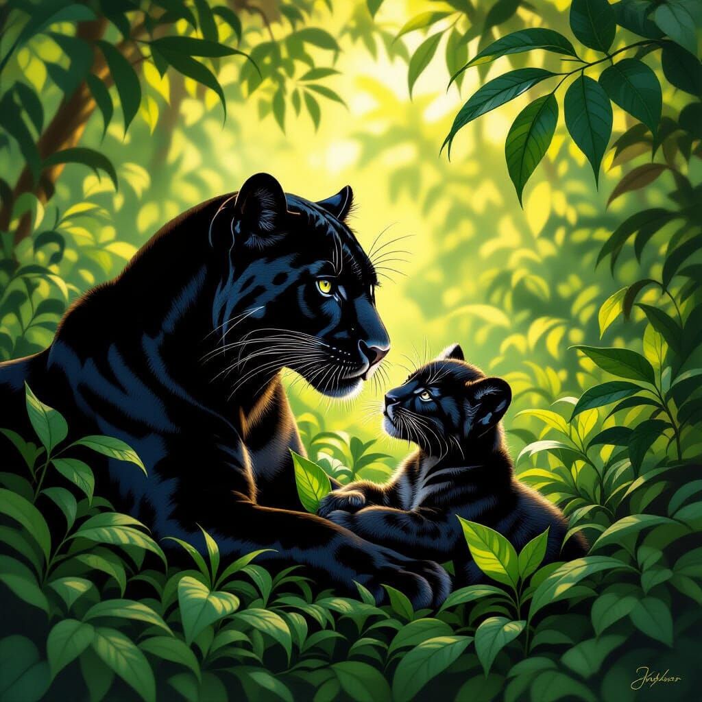 Black Panther Mother and Cub in Lush Jungle