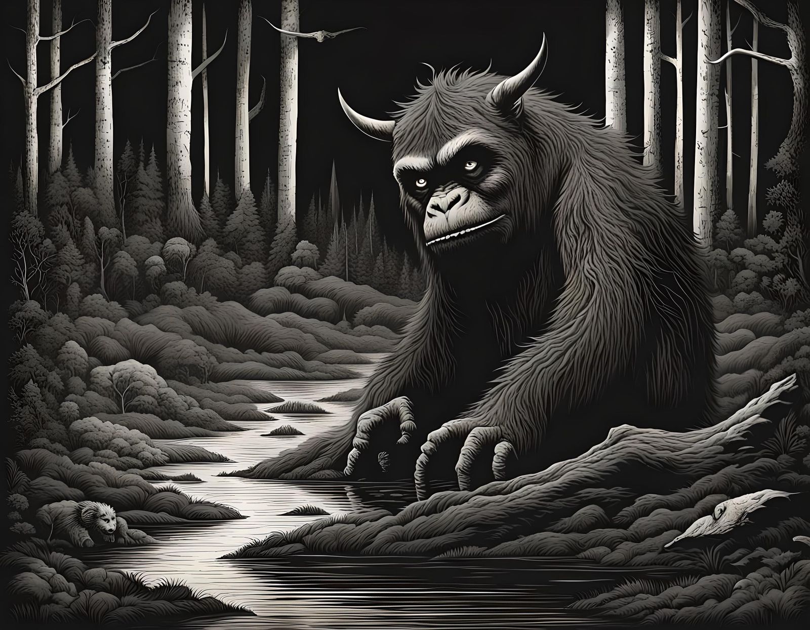 Monochromatic Horror Book Scene: Eerie Encounter