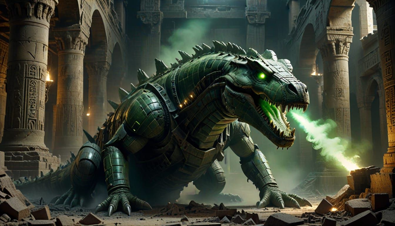 Mechanical Crocodile Awakens in Ruined Gothic Temple