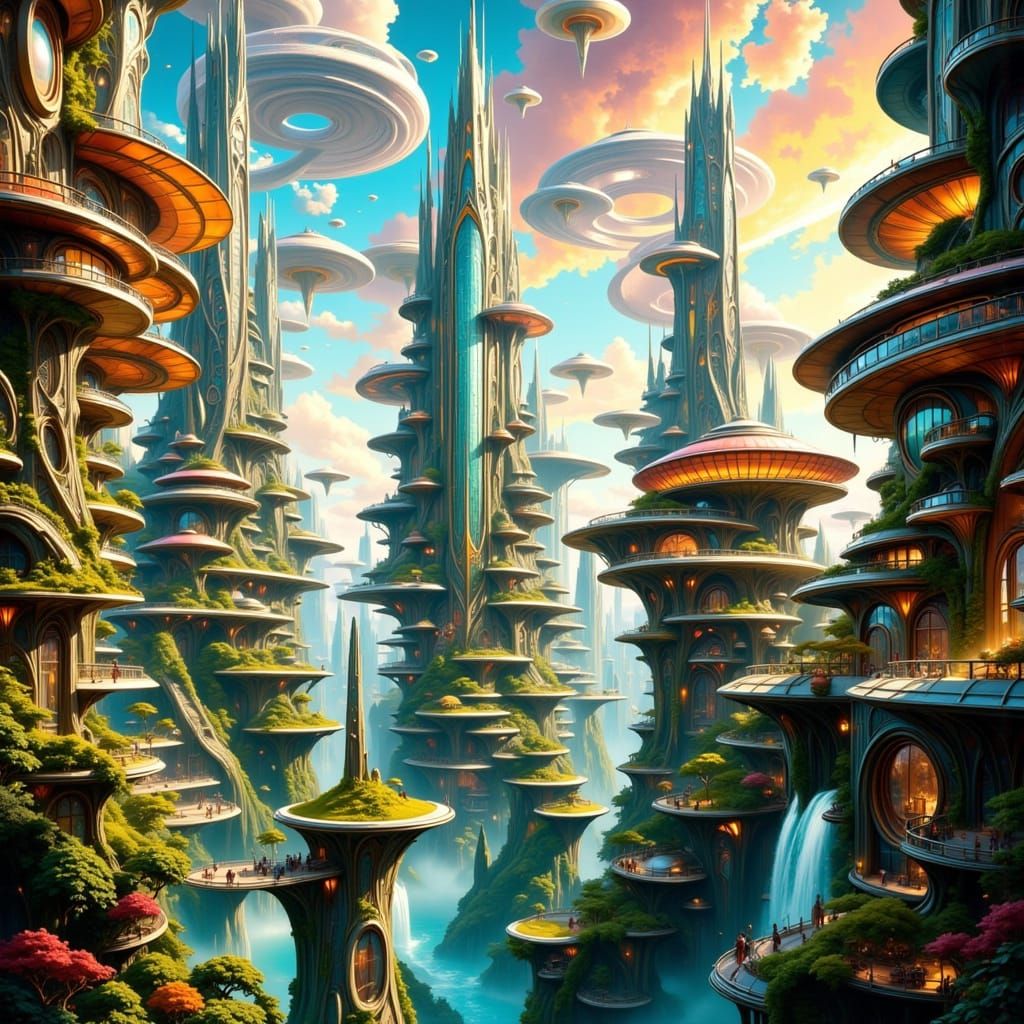 Ethereal Futuristic Cityscape in Art Nouveau Style