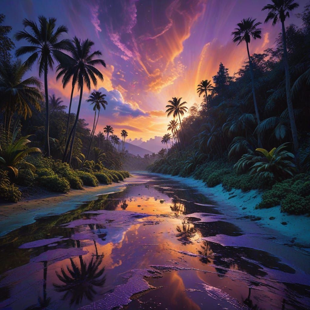 Soft, golden light bathes a serene sunset, where palm trees ...