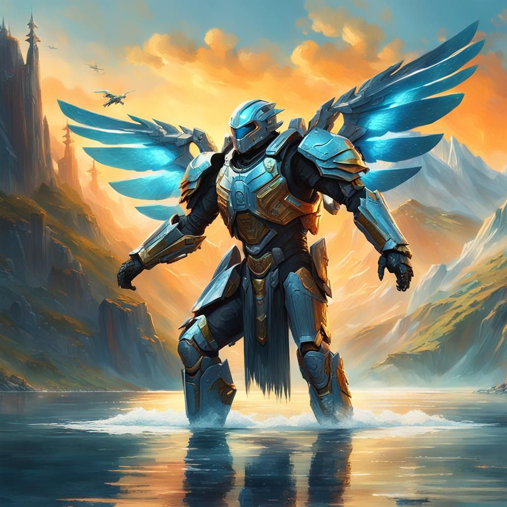 Cyberpunk Warrior Soars Over Serene Mountain Lake in Golden...