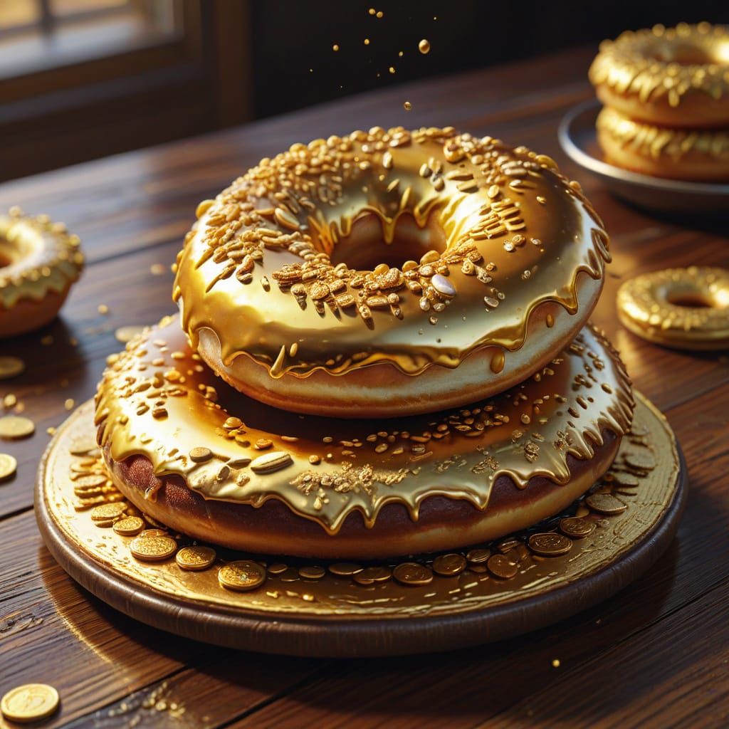 Golden Donut on Table: Hyper-Realistic Digital Art