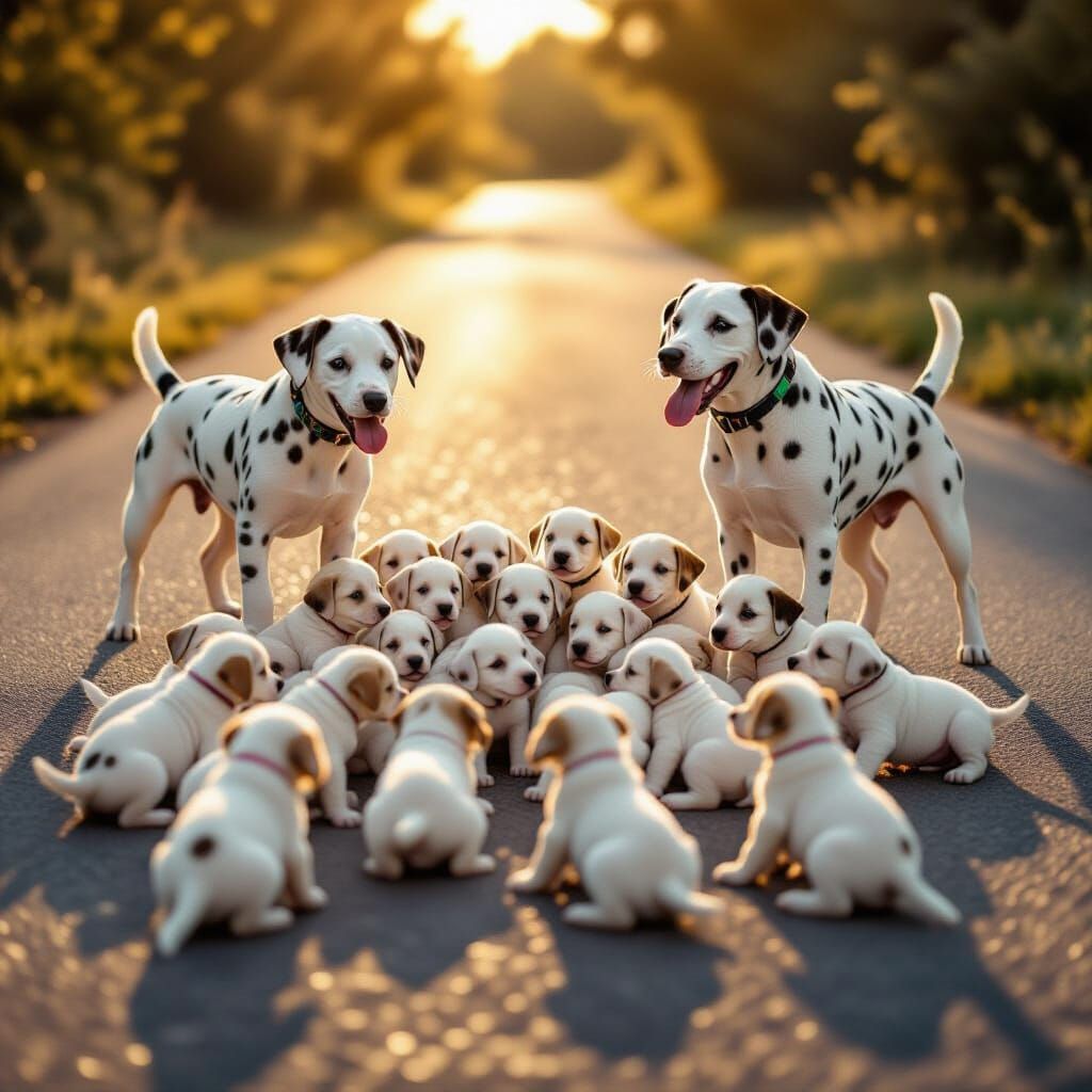 Joyful Chaos: 99 Dalmatians Play in Golden Hour Light