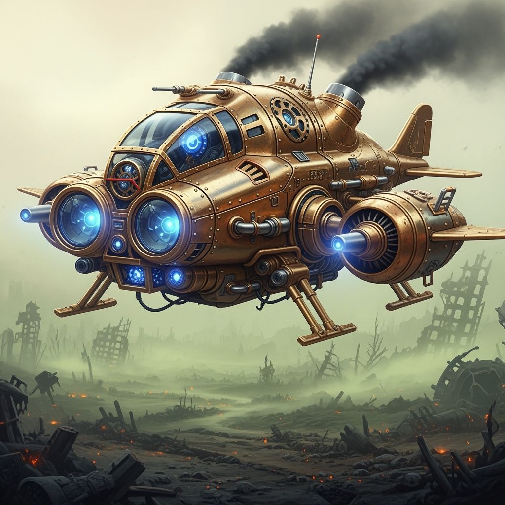 Steampunk Drone Over Battlefield in Dieselpunk Style