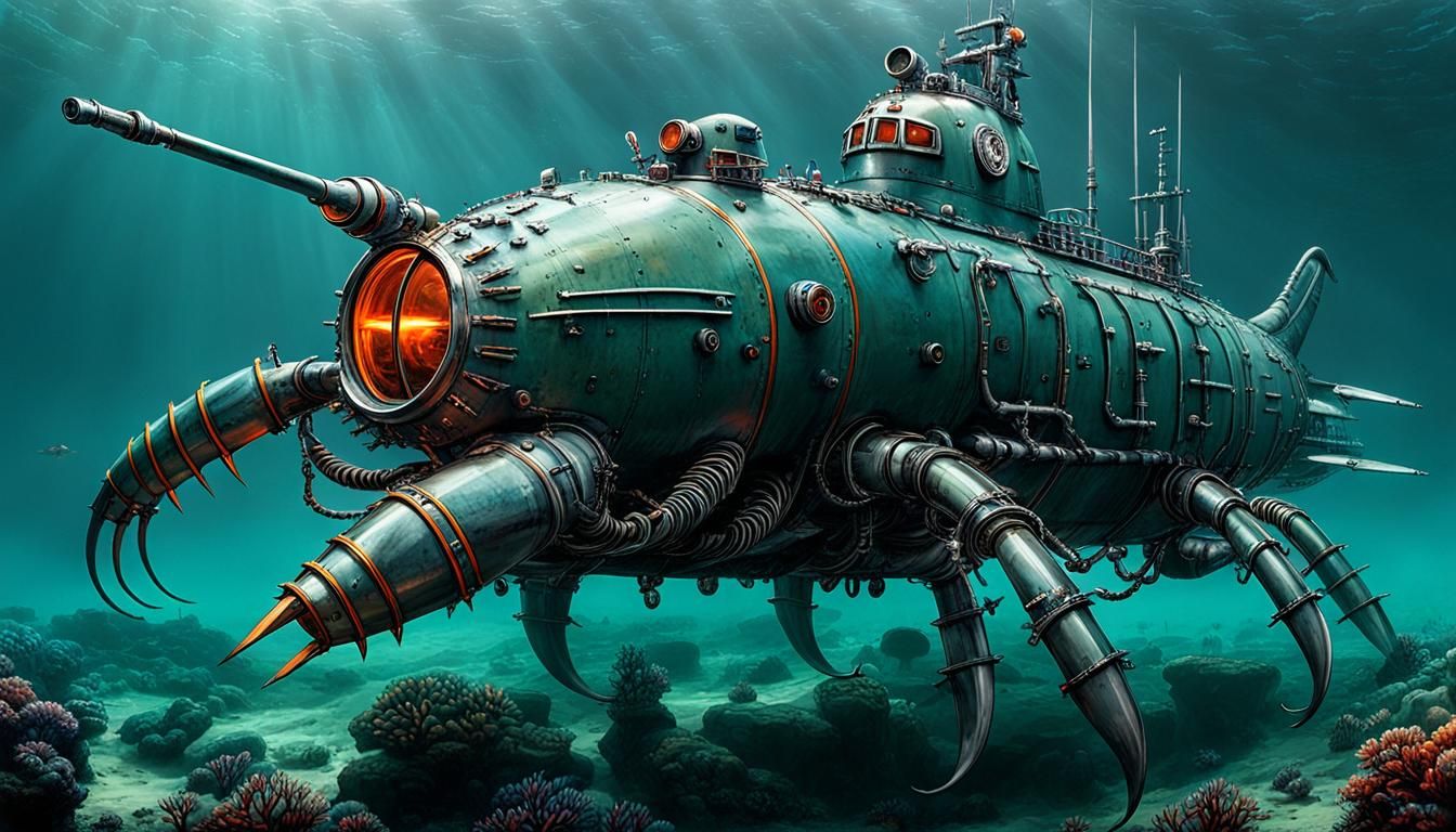 Dieselpunk Scorpion Submarine on Ocean Floor