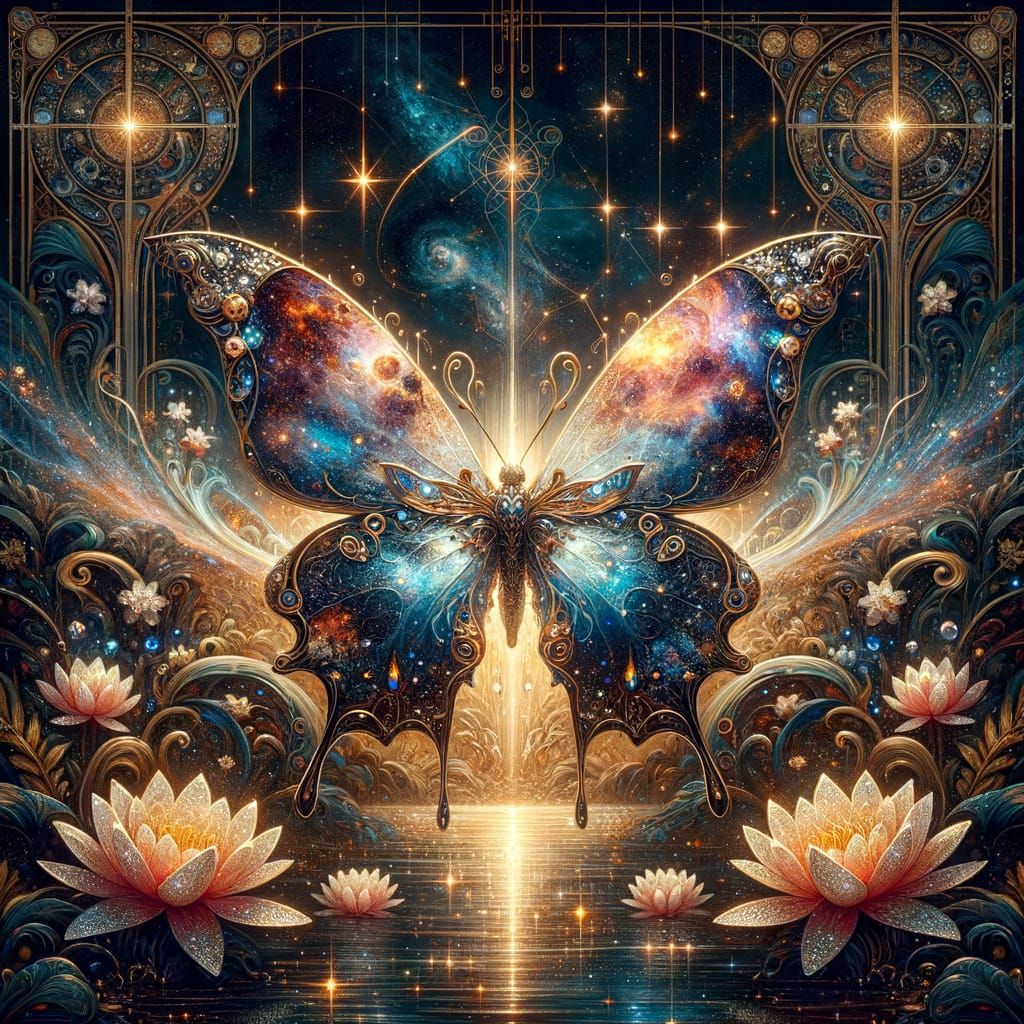 Crystal Butterfly in Diamond Garden, Art Nouveau Style