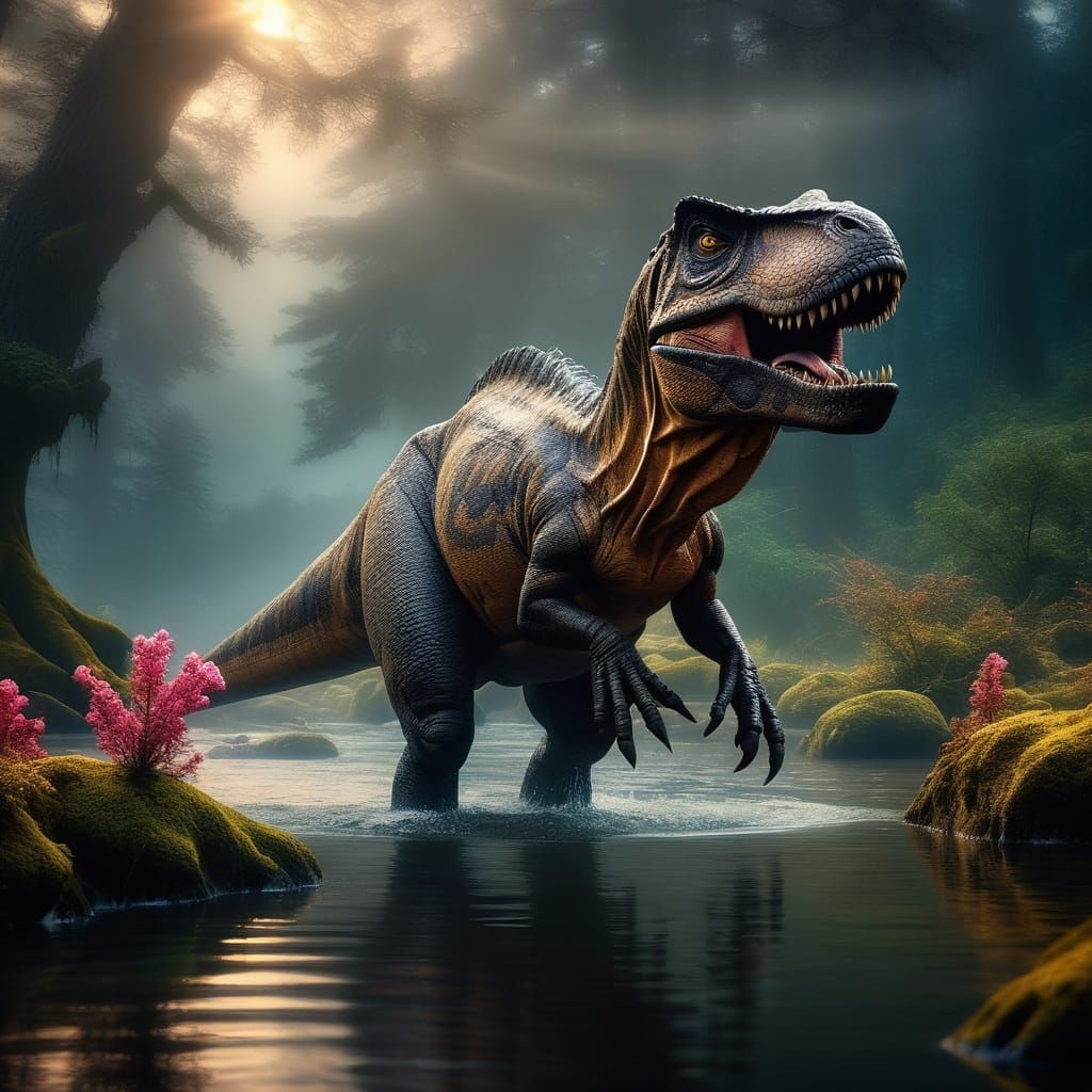 Ancient Shaman's Vision: T-Rex Wades in Pristine Swamp Water...