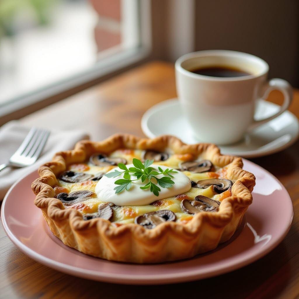 Savory Greek Mushroom Pie with Coffee, 8K Photo