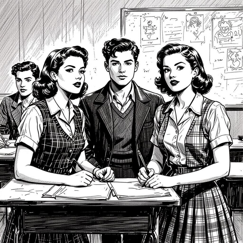 1940s Teens in Classroom: A Crosshatching Illustration