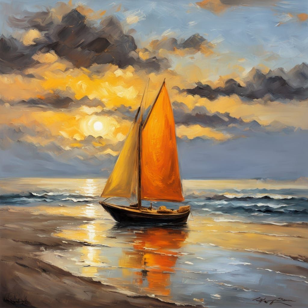 Seascape Sunset: Impasto Oil Painting of Sailboat