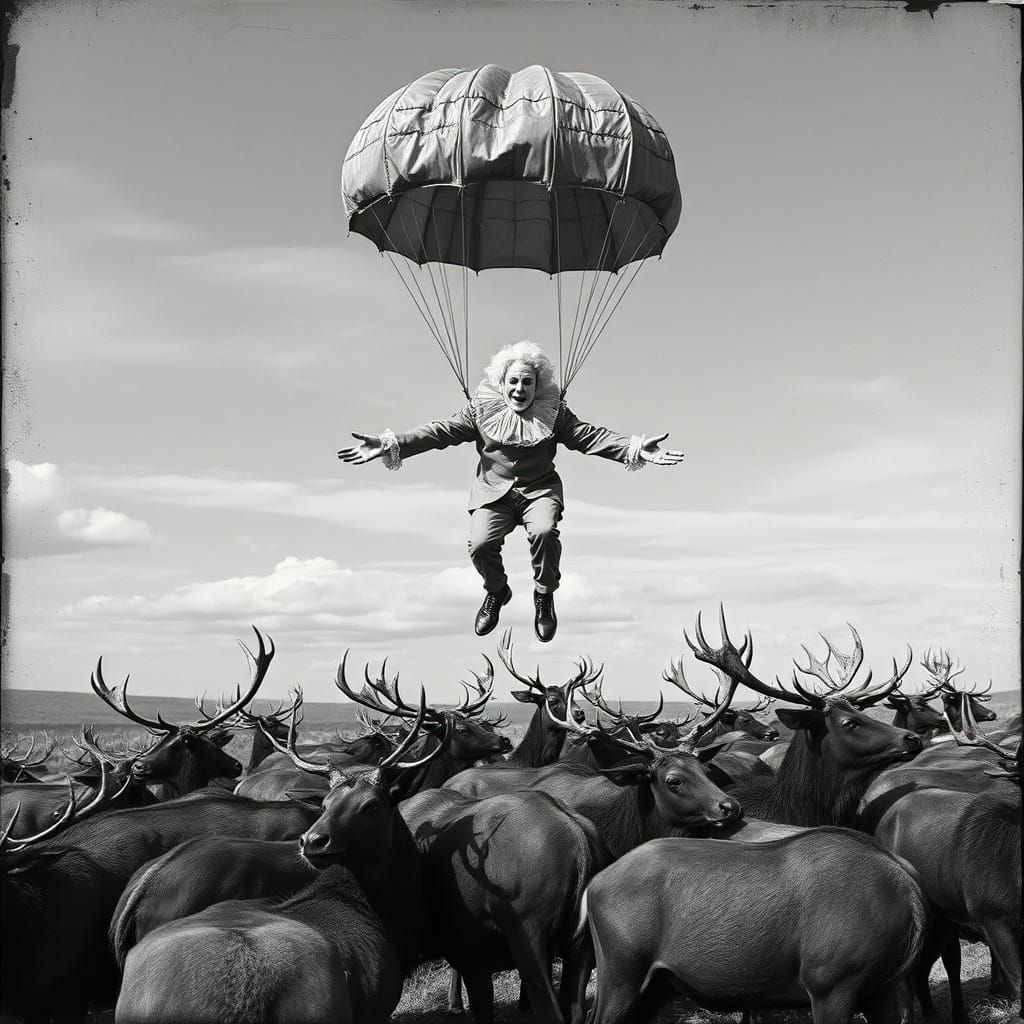 Surreal Clown Parachuting Over Elk Herd
