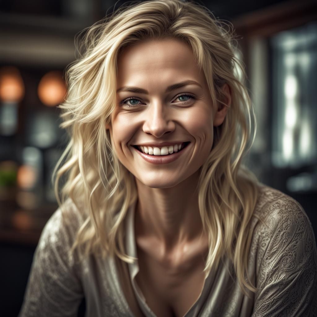 Smiling Blond Woman Enjoying Pho: Hyperrealistic Image