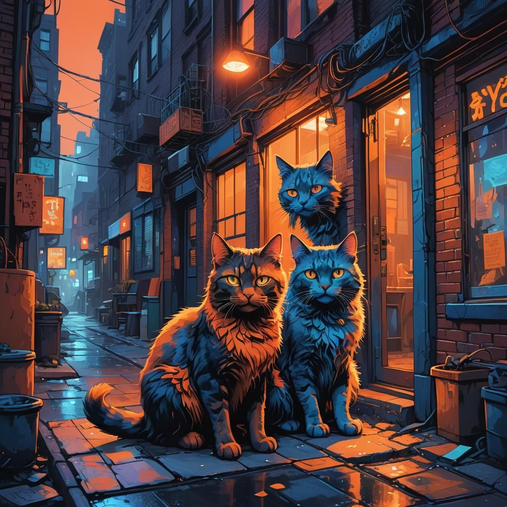Mystical Neon Cats in New York City Alleyway