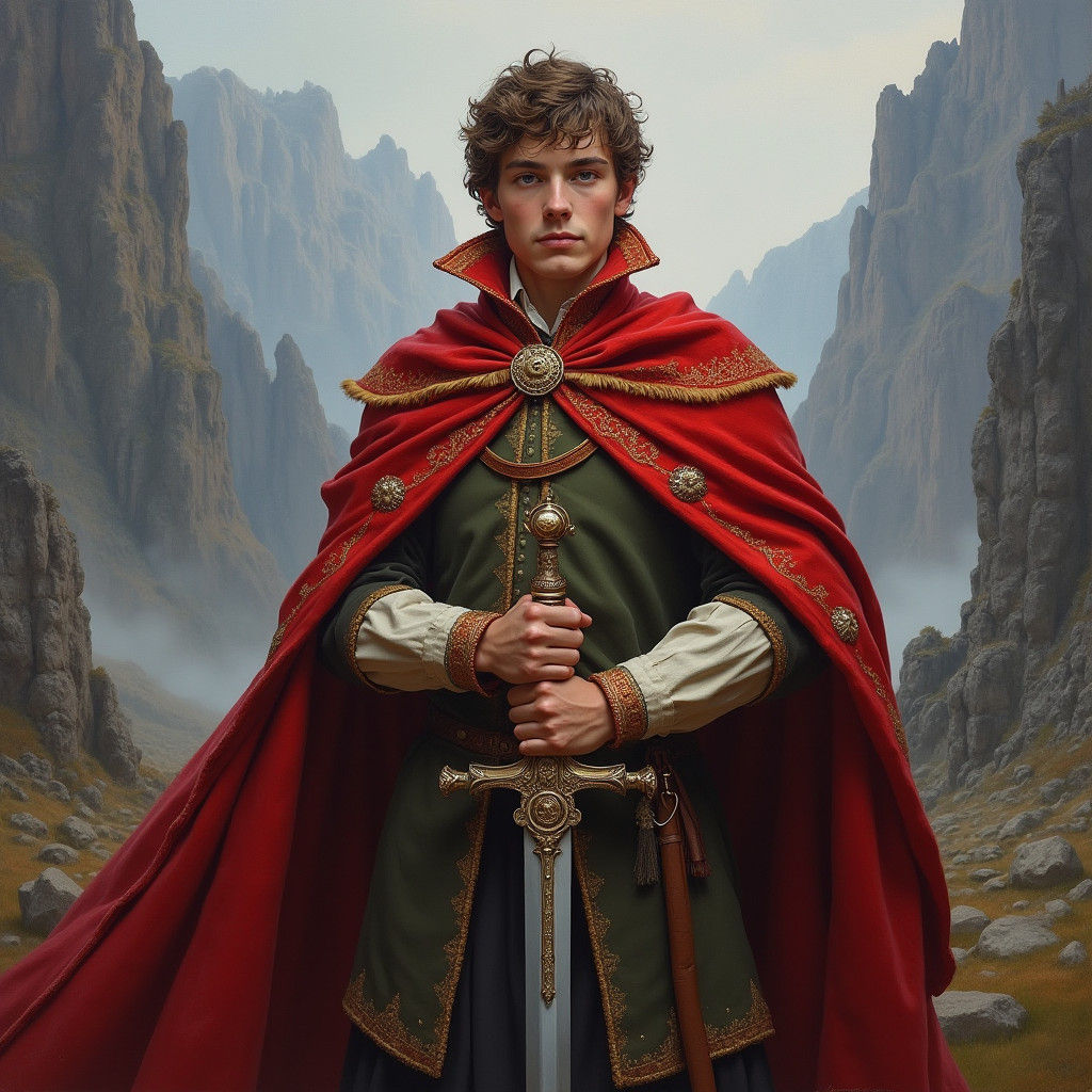 Nobleman with Sword in Mountain Landscape: Old Masters Style