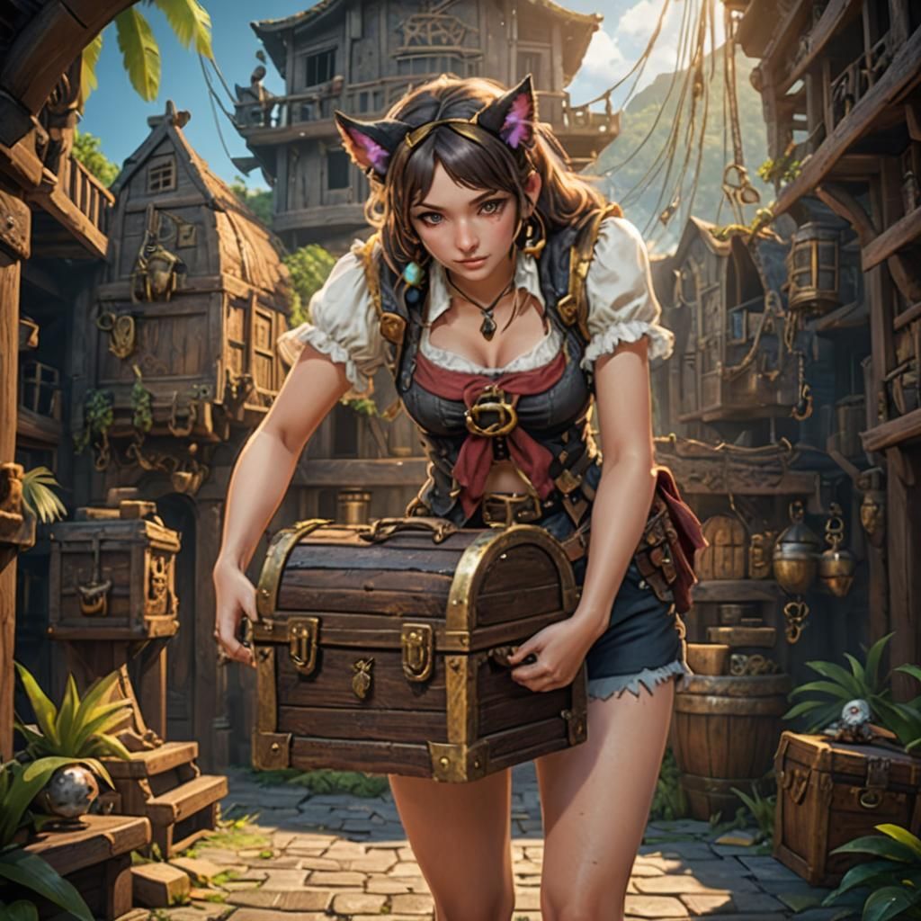Anime Girl with Cat Ears and Treasure Chest