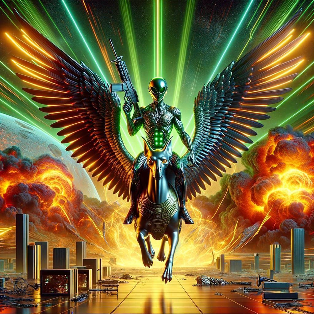 Sci-Fi Alien Rides Winged Sphinx Amidst Destruction