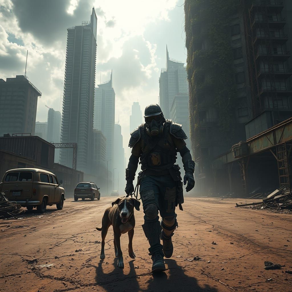 Survivor in Post-Apocalyptic Cityscape with Nature Reclaimin...