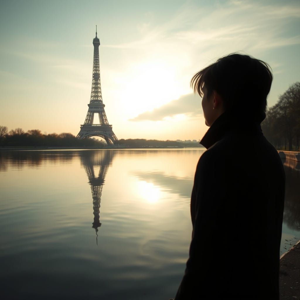 A Lone Figure Contemplates Eiffel Tower's Grandeur