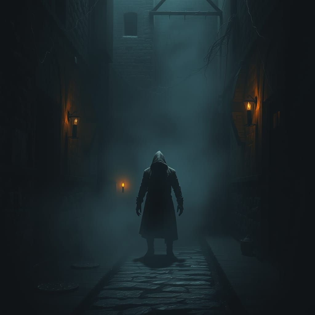 Hooded Figure in Misty Alley: Gothic Digital Painting