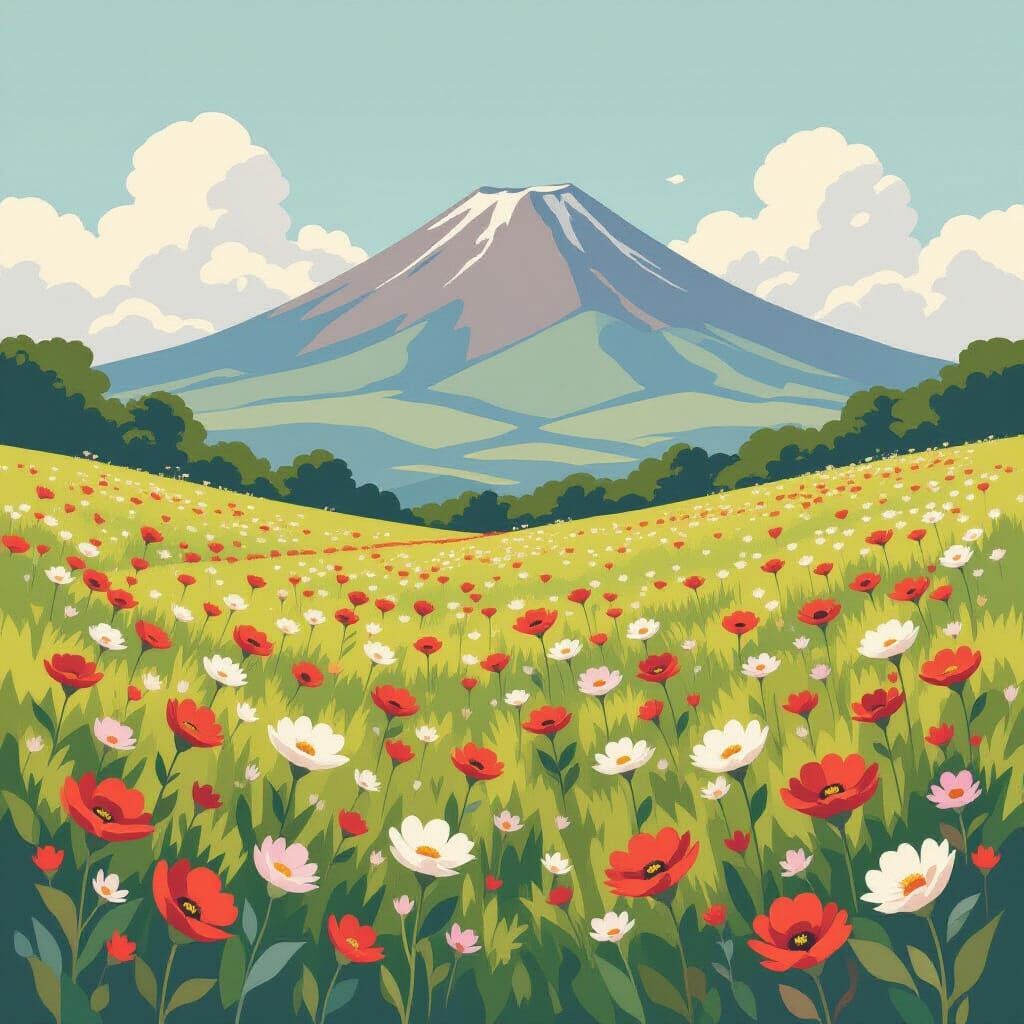 Flower Meadow on Volcano, Dreamy Digital Art