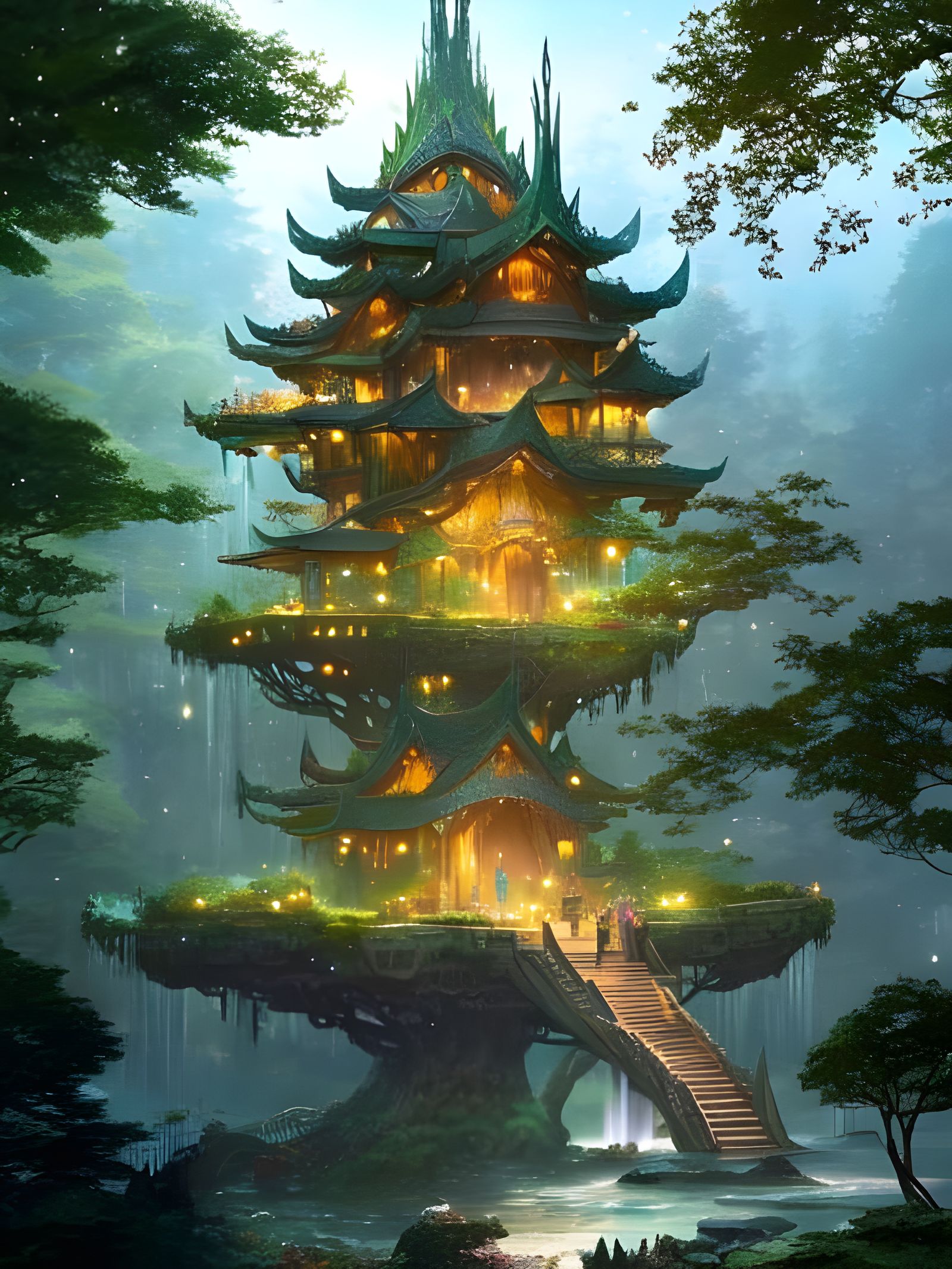 Elven Temple Treehouse with Starlight Flowers