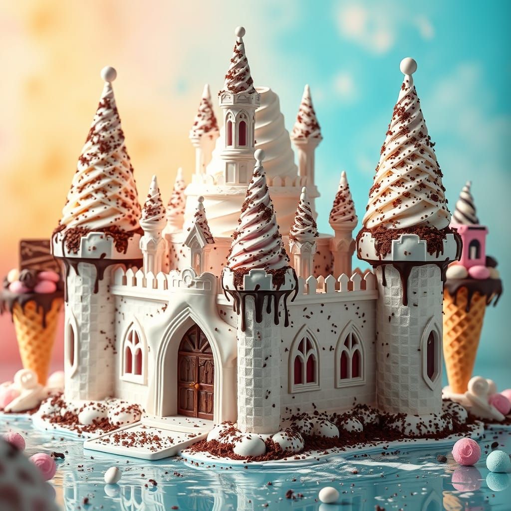 Surreal Ice Cream Castle in Hyperrealistic Photorealism