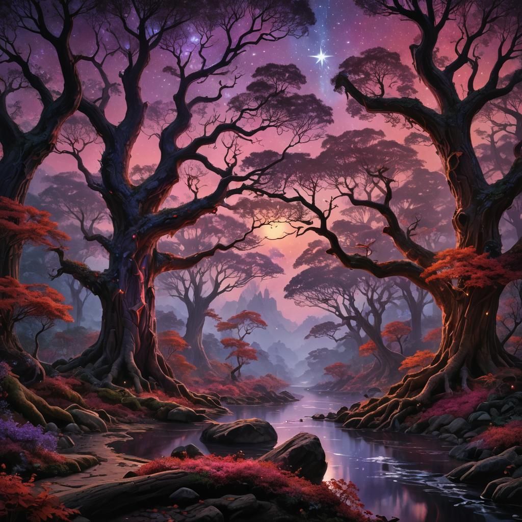 Mystical Forest with Colossal Trees in Fiery Twilight